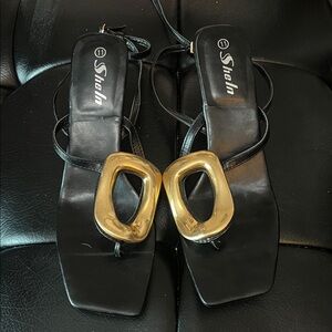 SHEIN Black Sandals with Gold Accents